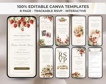 Strawberry Baby Shower Invite, Editable Berry Sweet Invitation Template with trackable RSVP, Digital Download, Animated Phone Evite (Canva)