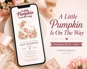 Pink Pumpkin Baby Shower Website Invitation, Teddy Bear Floral Canva Template, Interactive Digital Invite, Girl Party Planner Bundle + RSVP