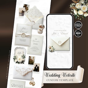 Op de afbeelding: Een aangepaste sjabloon voor een trouwwebsite met een telefoonmodel, uitnodigingskaarten en enveloppen. Het ontwerp heeft een crème- en wit kleurenschema met bloemaccenten en de tekst "Wedding Website Custom Template".