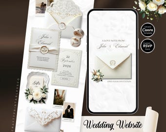 May include: A wedding website custom template featuring a phone mockup, invitation cards, and envelopes. The design uses a cream and white colour scheme with floral accents and the text "Wedding Website Custom Template".