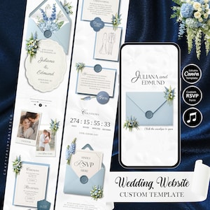 Puede incluir: Una plantilla de sitio web de bodas en azul claro y blanco, con elementos florales y una invitación. El diseño incluye información de RSVP y un temporizador de cuenta regresiva. El texto dice "Juliana & Edmund" y "Wedding Website Custom Template."