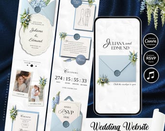 May include: A wedding website template with a light blue and white color scheme. The design includes floral accents, an invitation, RSVP details, and a countdown timer. The text reads "Juliana & Edmund" and "Wedding Website Custom Template."