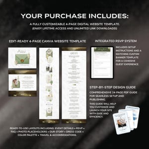 May include: Digital wedding website template with a green and gold color scheme. The image shows a 4-page website template, an integrated RSVP system, and a step-by-step design guide. Includes event details, RSVP, FAQ, photo placeholders, and more.