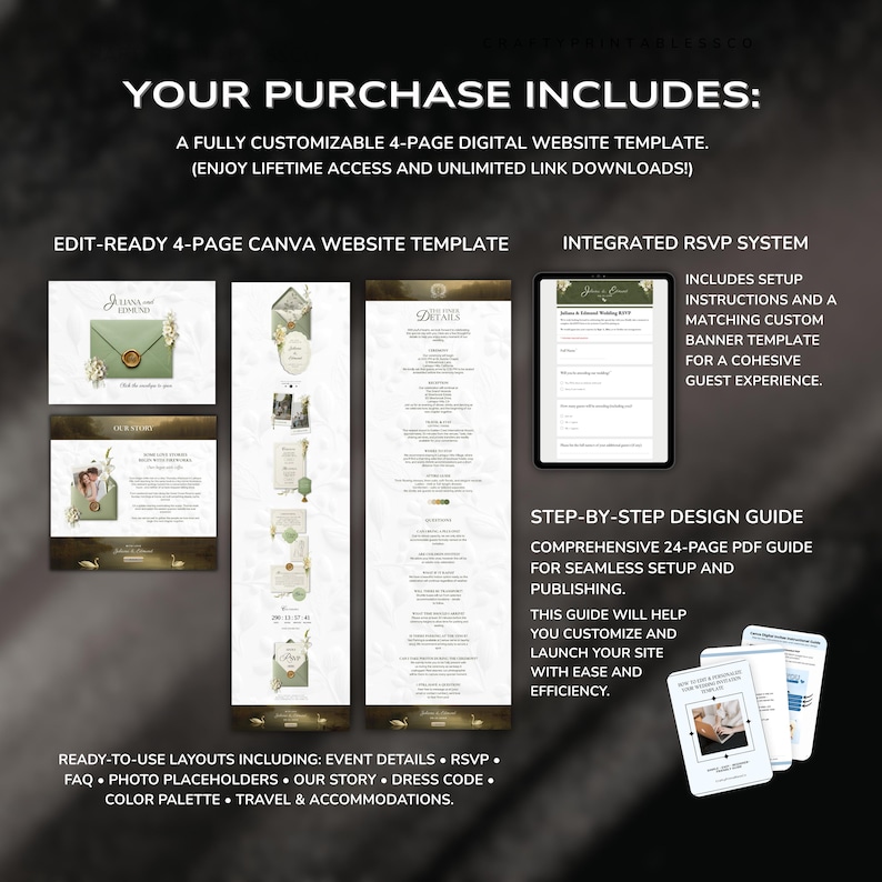 May include: Digital wedding website template with a green and gold color scheme. The image shows a 4-page website template, an integrated RSVP system, and a step-by-step design guide. Includes event details, RSVP, FAQ, photo placeholders, and more.