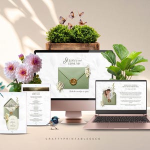 May include: A digital wedding invitation design displayed on a desktop computer, tablet, and laptop. The design features a sage green envelope with a gold wax seal. Pink flowers, butterflies, and greenery are arranged around the devices. The text "Juliana and Edmund" is visible.