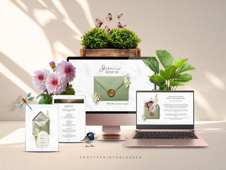 May include: A digital wedding invitation design displayed on a desktop computer, tablet, and laptop. The design features a sage green envelope with a gold wax seal. Pink flowers, butterflies, and greenery are arranged around the devices. The text "Juliana and Edmund" is visible.