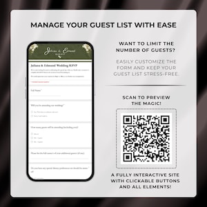 May include: A digital wedding RSVP form displayed on a smartphone screen. The form includes fields for guest names, attendance, and dietary preferences. Text on the image reads "Manage Your Guest List With Ease" and "Scan to Preview the Magic!"