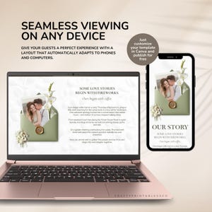 May include: A rose gold laptop and a smartphone display a wedding invitation template. The template features a photo, text, and floral accents. The text reads "SOME LOVE STORIES BEGIN WITH FIREWORKS."