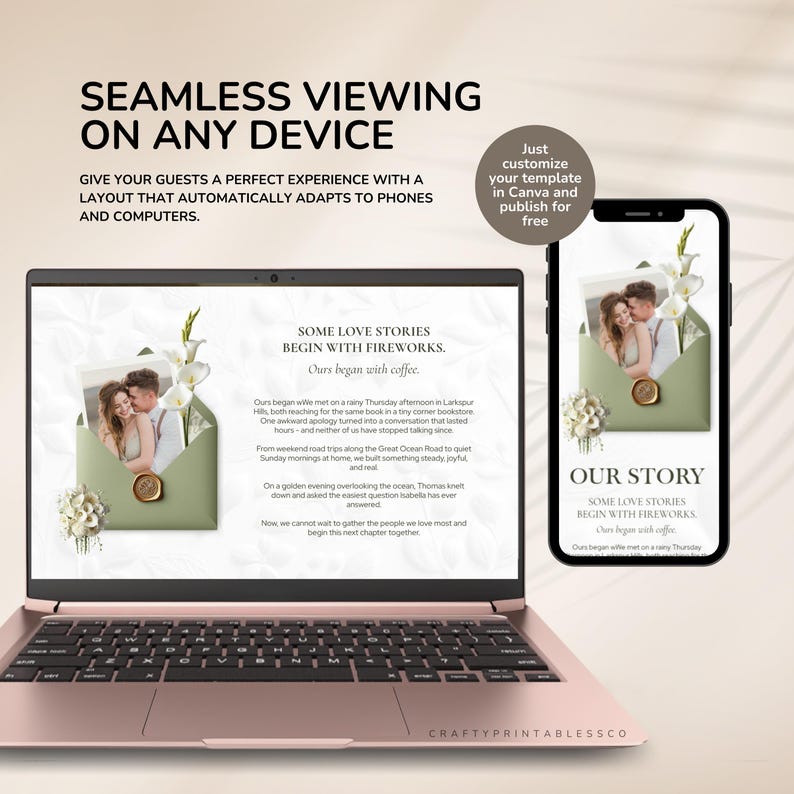 May include: A rose gold laptop and a smartphone display a wedding invitation template. The template features a photo, text, and floral accents. The text reads "SOME LOVE STORIES BEGIN WITH FIREWORKS."