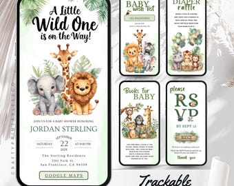 May include: Digital baby shower invitation on a smartphone, with illustrations of a lion, giraffe, and elephant. The invitation includes event details and RSVP information. Additional screens show a baby wish list, diaper raffle, and book request.