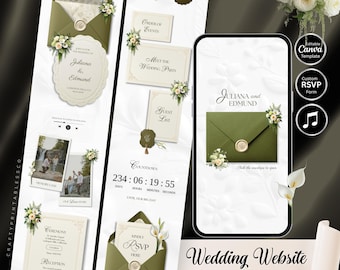 May include: A wedding website custom template featuring an olive green envelope design. The design includes the names "Juliana and Edmund", floral accents, and a countdown timer. The words "Wedding Website Custom Template" are also visible.
