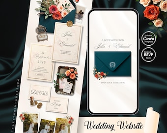 May include: A wedding invitation suite featuring a teal envelope with floral accents, a smartphone displaying a digital invitation, and additional cards with wedding details. The text "Wedding Website CUSTOM TEMPLATE" is displayed.