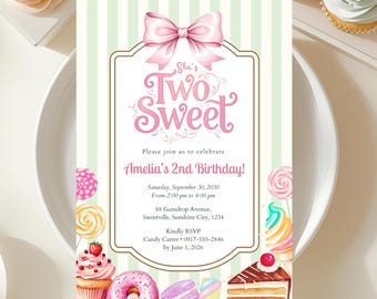 May include: A birthday invitation with a pink bow and the text "She's Two Sweet." The invitation includes details for Amelia's 2nd birthday, featuring sweets like cupcakes, lollipops, and macarons. The design has a striped background.