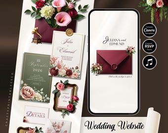 Editable Burgundy and Green Wedding Website Template with RSVP: Elegant Floral Envelope Digital Invitation (Canva, Instant Download)