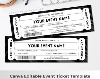 May include: Two black and white event tickets with the text "LENNOX, YOU ARE GOING TO" and "YOUR EVENT NAME". The tickets include space for date, time, venue, and address. The phrase "ADMIT ONE" is on the side.