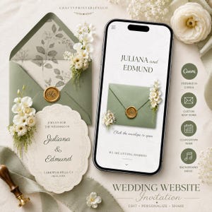 Editable White and Sage Green Wedding Website Template with RSVP: Classic Floral Envelope Digital Invitation (Canva, Instant Download)