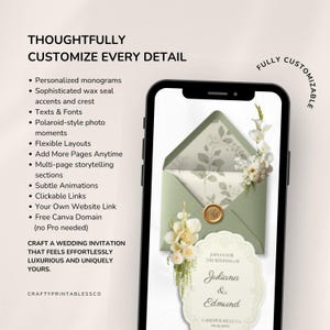 May include: A smartphone displays a wedding invitation design. The invitation features a sage green envelope with floral accents, a gold seal, and a decorative tag with the names "Juliana & Edmund." Text on the screen highlights customization options.