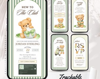 May include: Digital baby shower invitation design featuring a teddy bear illustration. The invitation includes details for Jordan Sterling's baby shower, with RSVP information and a gift registry. The design has a green and white striped background and the text "Trackable RSVP & MORE..."