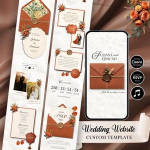 May include: A wedding website template with a rustic theme. The design features a terracotta envelope with a wax seal, floral accents, and the names "Juliana and Edmund." The design includes a countdown timer and RSVP form.