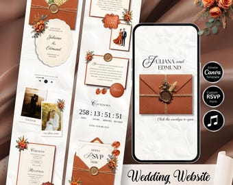 May include: A wedding website template with a rustic theme. The design features a terracotta envelope with a wax seal, floral accents, and the names "Juliana and Edmund." The design includes a countdown timer and RSVP form.