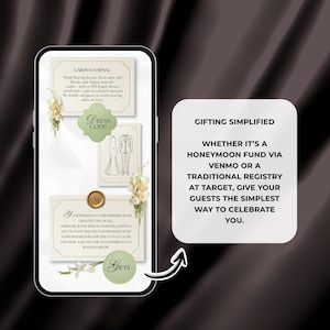 May include: A smartphone screen displays wedding details, including dress code and gift options. The text reads "Garden Formal" and "Gifting Simplified." Floral accents and illustrations of wedding attire are also visible.