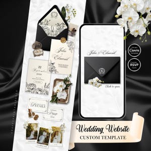 May include: A wedding invitation suite with a black and white theme. The design includes an invitation, RSVP card, details card, and a digital wedding website template. The suite features floral illustrations, photos, and the names "Julia & Edmund".