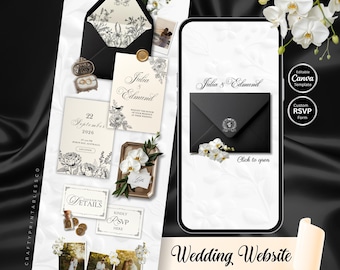 May include: A wedding invitation suite with a black and white theme. The design includes an invitation, RSVP card, details card, and a digital wedding website template. The suite features floral illustrations, photos, and the names "Julia & Edmund".