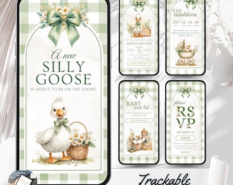 May include: Digital invitation design with a goose illustration and floral accents. The design includes text that reads "A new SILLY GOOSE is about to be on the loose!" and "Trackable RSVP & MORE..." in a green and white checkered pattern.