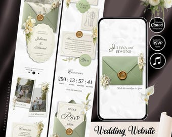May include: A wedding website template in sage green and white, featuring an invitation, RSVP form, countdown timer, and photos. The design includes the names "Juliana and Edmund" and the text "Wedding Website Custom Template".