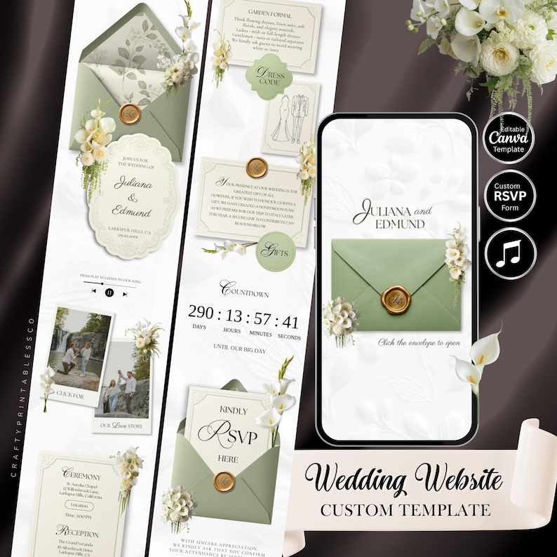 May include: A wedding website custom template with a sage green and white color scheme. The design includes an invitation, RSVP form, countdown timer, and photos. The text includes "Juliana and Edmund" and "Wedding Website Custom Template".