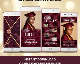 May include: A digital invitation template displayed on four smartphones. The design features a maroon and gold colour scheme with the text "DIY DIGITAL INVITATION" and "INSTANT DOWNLOAD CANVA EDITABLE TEMPLATE". The invitation celebrates a graduation.