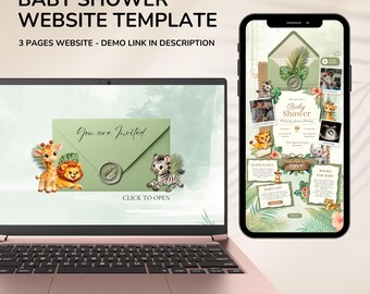 Jungle Animals Baby Shower Website Invitation + RSVP, Editable Safari Invite Template, Gender Neutral Evite for Boys and Girls (Canva)