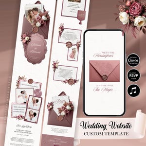 May include: A digital wedding invitation template set featuring dusty rose and burgundy floral accents, wax seal graphics, and photo placeholders. The design includes a mobile-responsive layout with RSVP forms, event details, and custom text fields.