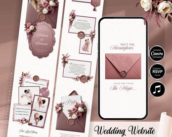 May include: A digital wedding invitation template set featuring dusty rose and burgundy floral accents, wax seal graphics, and photo placeholders. The design includes a mobile-responsive layout with RSVP forms, event details, and custom text fields.