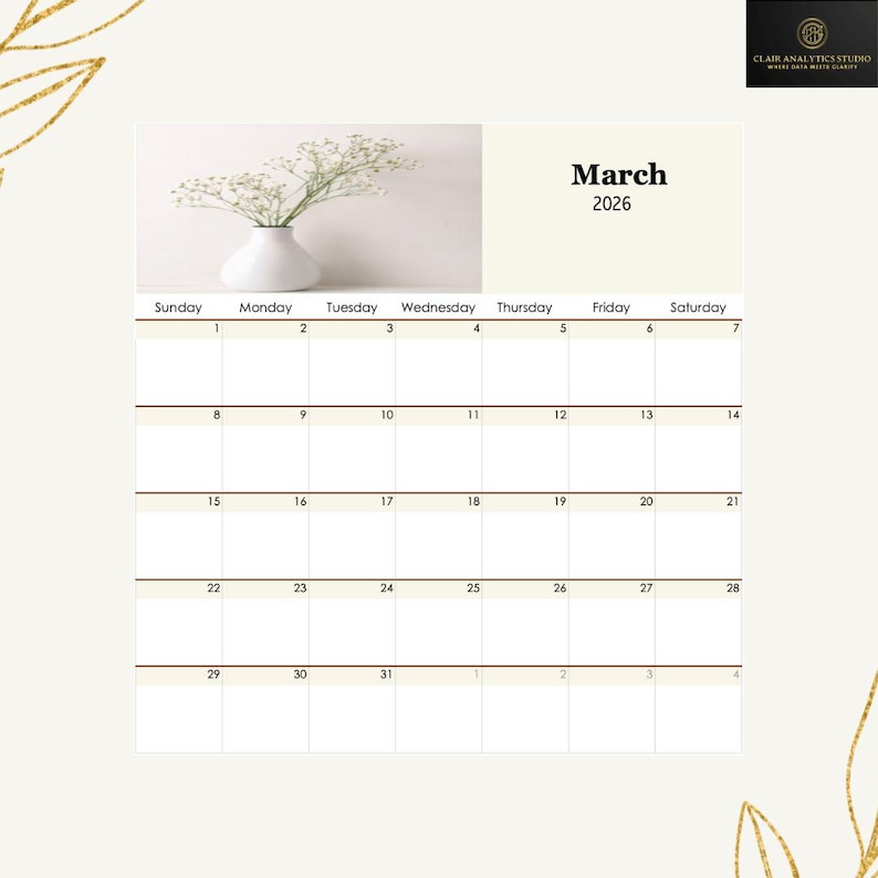 2026 Editable Excel Calendar | Minimal Botanical Monthly Planner ...