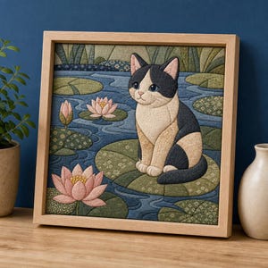 Könnte beinhalten: Ein gerahmtes Stoffkunstwerk mit einer schwarz-weißen Katze, die auf einem großen grünen Seerosenblatt in einem blauen Teich sitzt. Die Szene zeigt rosa Lotusblüten und gemusterte Seerosenblätter in einem hellen Holzrahmen.