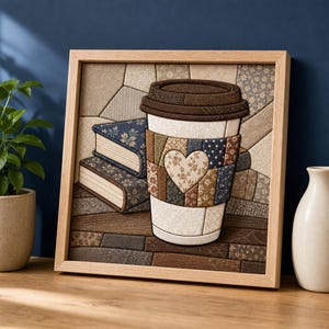 May include: A square framed fabric art piece featuring a patchwork design of a coffee cup with a heart-shaped detail and two stacked books. The composition uses various brown, blue, and cream patterned textiles to create a textured, quilted look.