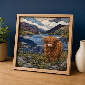 May include: A framed fabric wall art piece featuring a quilted landscape scene. A brown Highland cow with long horns stands in the foreground among purple thistles and rocks, with a blue lake and rolling hills in the background.