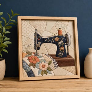 Könnte beinhalten: Ein quadratisches, gerahmtes Textilkunstwerk mit einer dunkelblauen Nähmaschine, die mit orangefarbenen und weißen Blumenmustern bestickt ist. Die Maschine steht auf einem braunen Sockel vor einem Hintergrund aus beigen und cremefarbenen Stoffstücken.