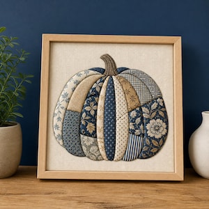 Puede incluir: Una pieza de arte mural cuadrada enmarcada que presenta una calabaza de tela hecha de varios parches acolchados. La calabaza muestra una mezcla de telas azul marino, beige y crema con diversos patrones, incluyendo diseños florales, de lunares y rayas.