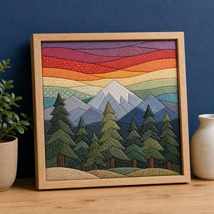 May include: A square fabric wall art piece in a light wood frame featuring a landscape scene. The design displays a mountain range with a snow-capped peak, a forest of green pine trees, and a multi-coloured sunset sky in shades of purple, red, orange, and yellow.