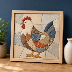 May include: A square framed fabric wall art piece featuring a patchwork chicken design. The chicken is composed of various patterned fabric segments in shades of brown, blue, red, and cream, set against a geometric background of neutral fabric.