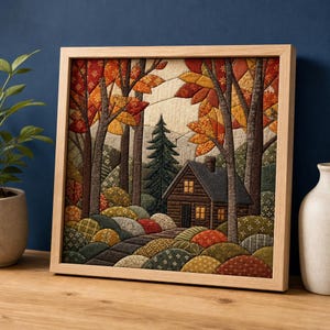 May include: A square fabric wall art piece in a light wood frame depicting a cabin in a forest. The scene features quilted fabric patches in shades of orange, red, green, and brown, showing trees, rolling hills, and a small house with lit windows.