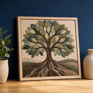 May include: A square framed textile art piece featuring a tree with a brown trunk and roots, surrounded by a canopy of leaves in various shades of green, olive, and sage. The background consists of layered fabric textures in earthy tones.
