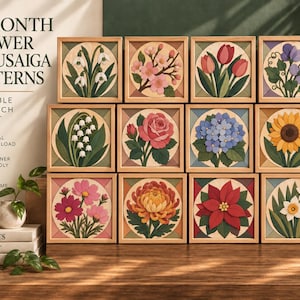 May include: A set of 12 printable Kinusaiga flower patterns in a 6 x 6 inch PDF format. The collection features square framed illustrations of various flowers including snowdrops, cherry blossoms, tulips, roses, hydrangeas, and sunflowers.