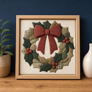 Könnte beinhalten: Ein quadratisches Wandbild mit einem aus Stoff gefertigten Weihnachtskranz. Der Kranz besteht aus verschiedenen grünen und olivfarbenen Stoffblättern mit Mustern sowie kleinen roten Stoffbeeren und wird von einer großen roten Stoffschleife geziert.