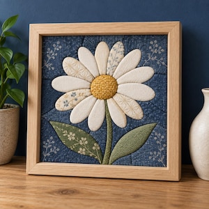May include: A square framed fabric wall art piece featuring a central daisy with white petals and a textured yellow centre. The flower is set against a dark blue quilted background with subtle floral patterns and two green fabric leaves.