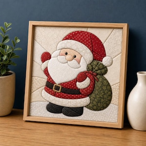 Könnte beinhalten: Ein quadratisches, gerahmtes Wandbild aus Stoff mit einem gesteppten Weihnachtsmann, der eine rote Mütze, einen weißen Bart und einen schwarzen Gürtel trägt und einen grünen Sack hält. Der Hintergrund besteht aus cremefarbenen Stoffbahnen.