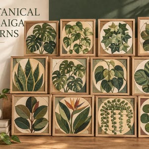 May include: A set of 12 botanical Kinusaiga patterns featuring various green plant illustrations in square wooden frames. The text reads 12 BOTANICAL KINUSAIGA PATTERNS, PRINTABLE 6 X 6 INCH PDF SET, DIGITAL DOWNLOAD, BEGINNER FRIENDLY, PRINT AT HOME.