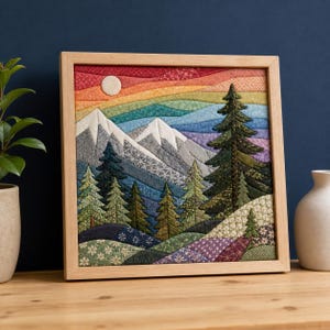 Peut inclure: Une œuvre d'art murale en tissu de forme carrée dans un cadre en bois clair représentant un paysage de montagne. La scène présente des bandes de tissu superposées dans des tons de rouge, orange, jaune, vert, bleu et violet, avec des sommets enneigés.